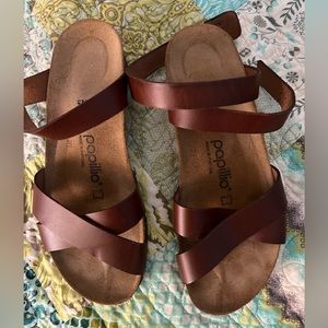 Papillio by Birkenstock Lola in brown leather with a backwards ankle strap. 37/7